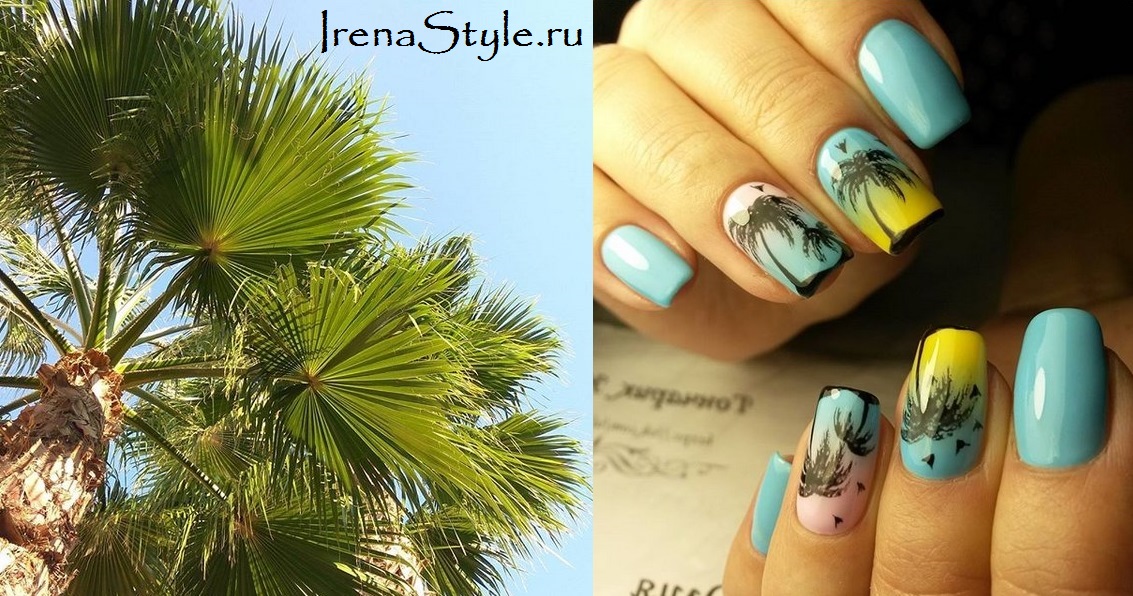 Маникюр с пальмами (27 фото) — модный летний дизайн с листьями и закатом, новинки на ногтях, красивые примеры