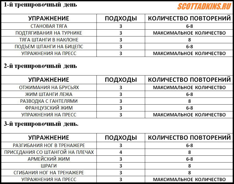 План тренировок в тренажерном зале для мужчин 3 раза в неделю для набора мышечной массы