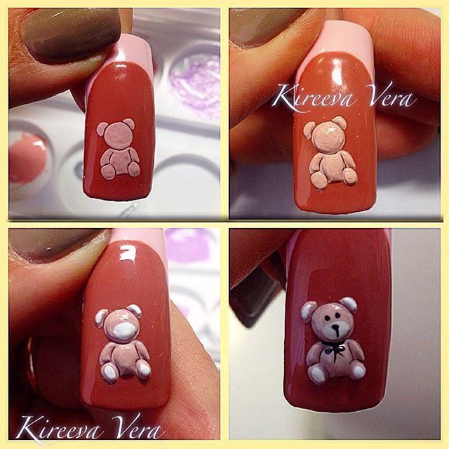 Мишки тедди на ногтях — красивый дизайн лаком, акриловыми красками или наклейками пошагово